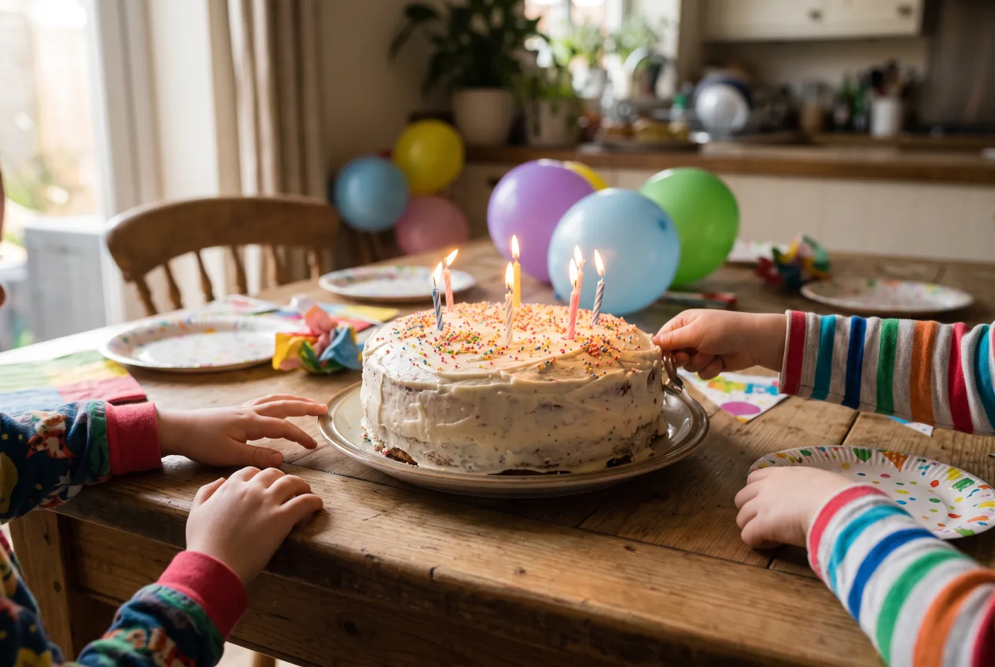 Geburtstagskuchen mit Zuckerstreuseln und brennenden Kerzen auf einem Holztisch, zwei Kinder greifen von beiden Seiten danach